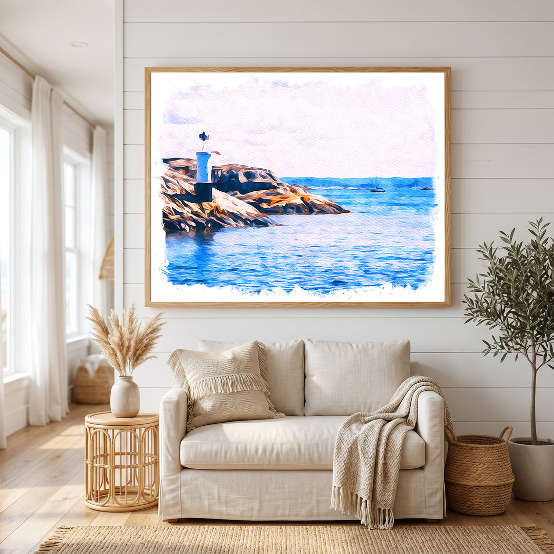 Wadi Home Coastal Lighthouse Landscape Wall Art, watercolor style, featuring a lighthouse on rocky shores by the blue ocean.