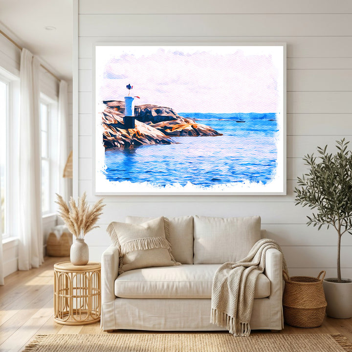 Wadi Home coastal lighthouse landscape watercolor art with blue ocean and rocky shore.