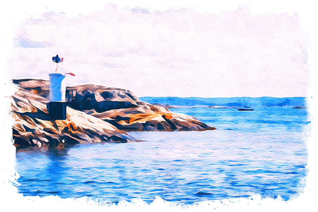 Wadi Home coastal lighthouse landscape watercolor art. Blue ocean, rocky shore, and white lighthouse.