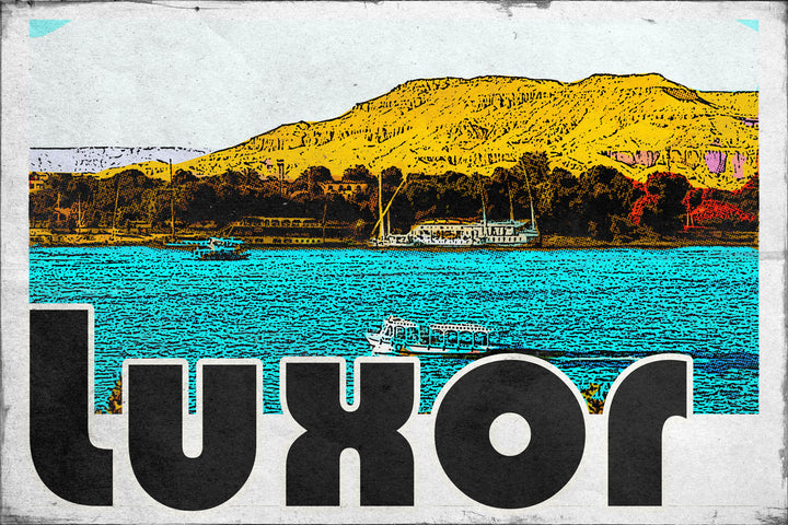 Wadi Home Luxor vintage travel poster with Nile River, feluccas, and desert hills. Bold graphic text.