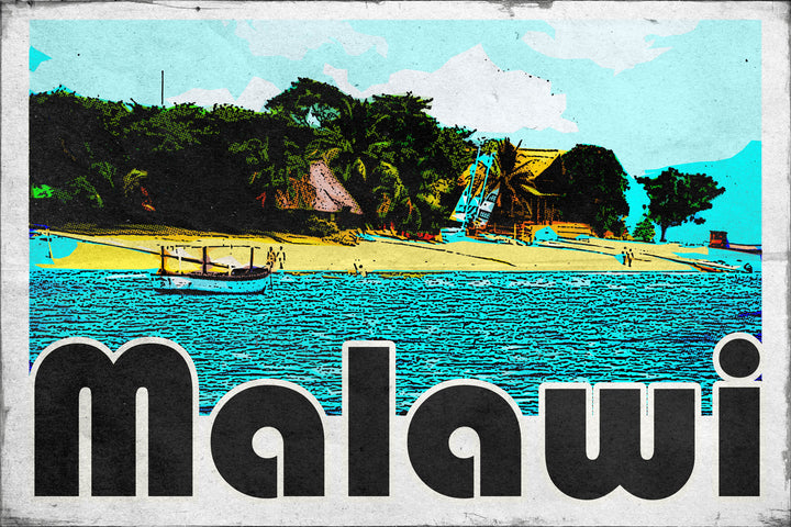 Wadi Home Malawi Beach tropical landscape wall art with turquoise water, palm trees, and retro lettering.