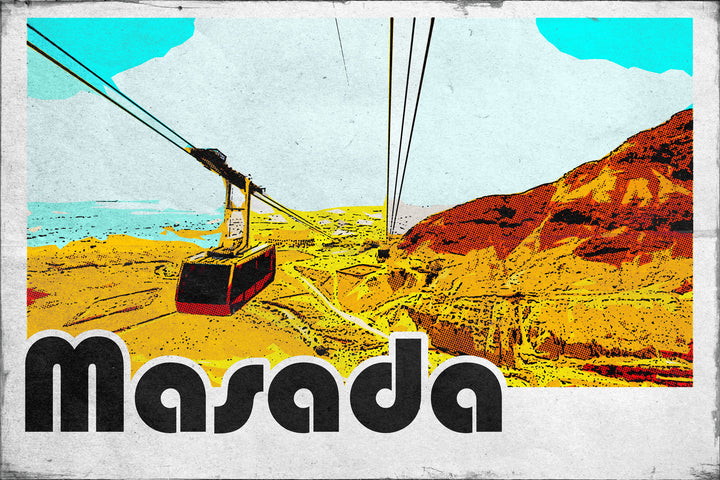Wadi Home Masada cable car landscape art with vintage design, featuring yellow, orange, and blue colors.