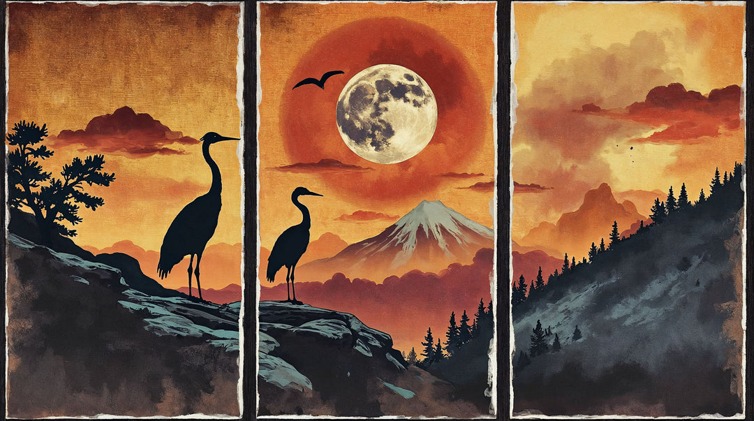 Wadi Home Serene Mountain Landscape Triptych Wall Art featuring silhouetted cranes, a full moon, and a mountain under a sunset sky. Watercolor texture.