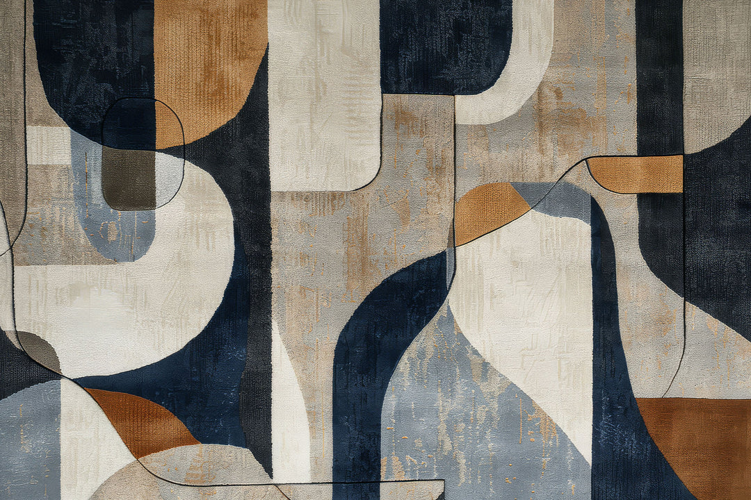 Wadi Home abstract geometric canvas wall art with blue, brown, and neutral tones. Modern art with organic and geometric shapes.