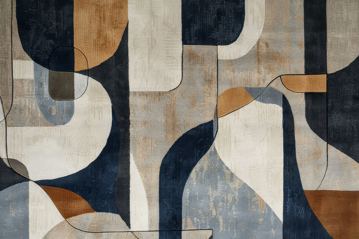 Wadi Home abstract geometric canvas wall art with blue, brown, and neutral tones. Modern art with organic and geometric shapes.