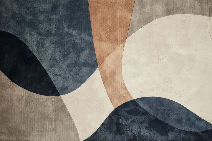 Wadi Home abstract geometric wall art with blues, terracotta, and neutral tones. Textured organic shapes create dynamic visual interest.