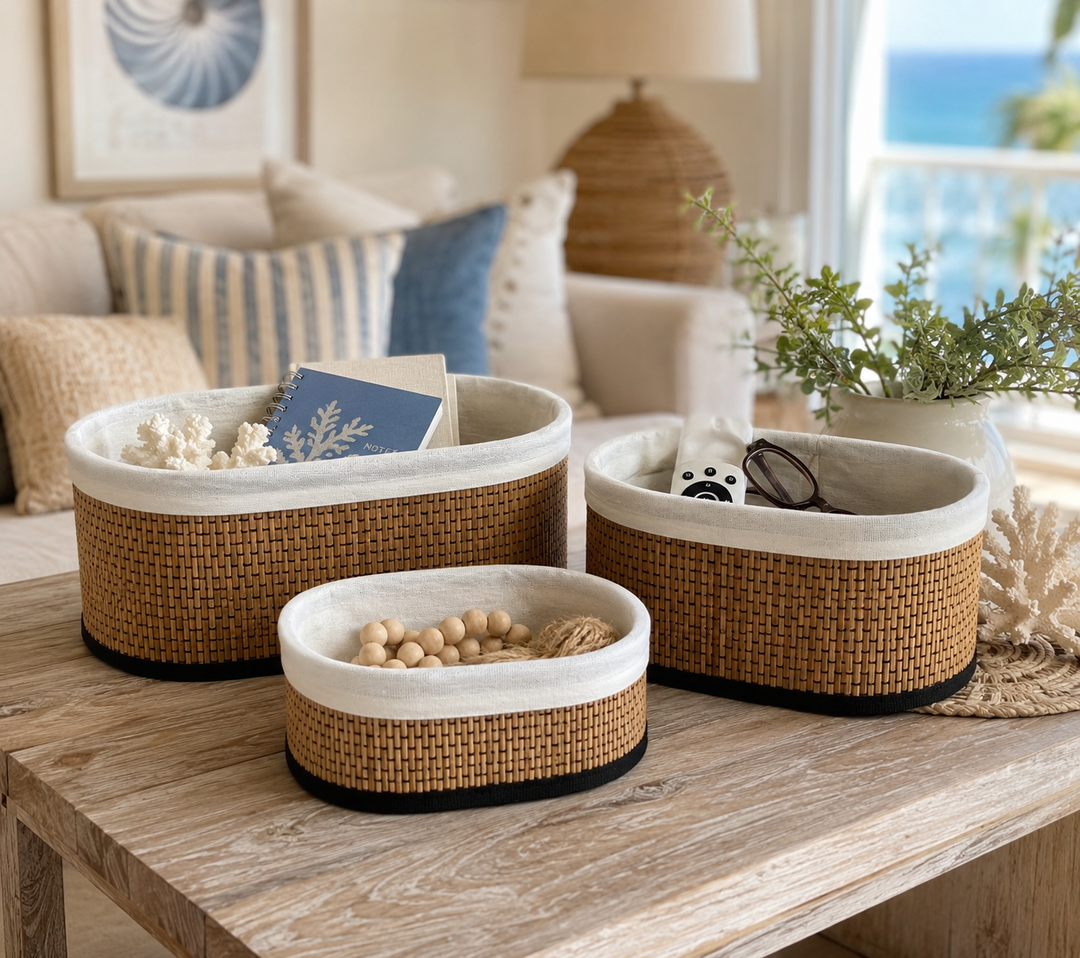 Coastal Woven Bamboo Storage Baskets (Set of 3)