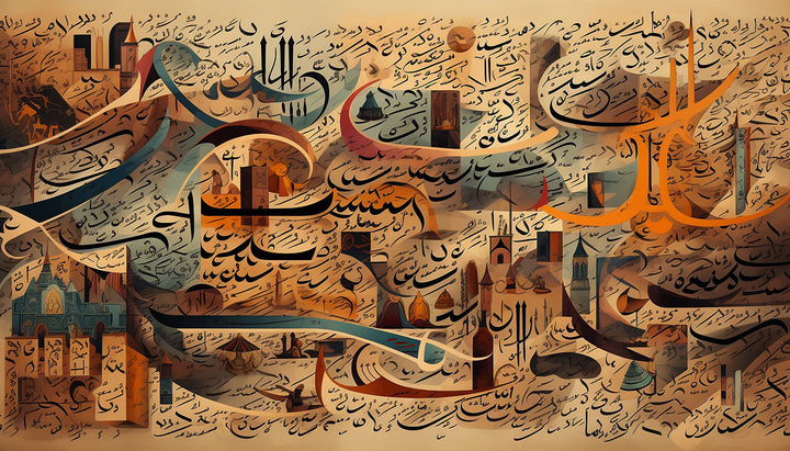 Wadi Home abstract Arabic calligraphy wall art in warm earth tones, deep blues, and orange accents. Modern Islamic art.