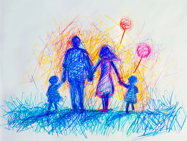 Wadi Home abstract family portrait with balloons, featuring blue, orange, and yellow scribbled art of a family holding balloons.