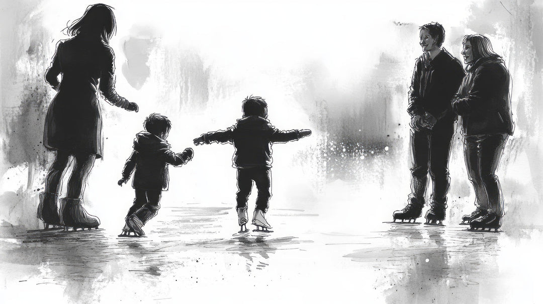 Wadi Home black and white watercolor art print of a family ice skating, capturing a joyful winter moment.