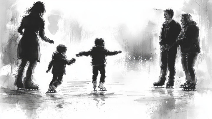 Wadi Home black and white watercolor art print of a family ice skating, capturing a joyful winter moment.