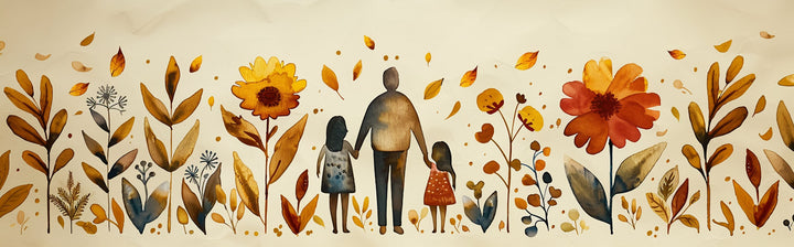 Wadi Home watercolor-style canvas art of a parent holding hands with two children in a vibrant autumnal garden.
