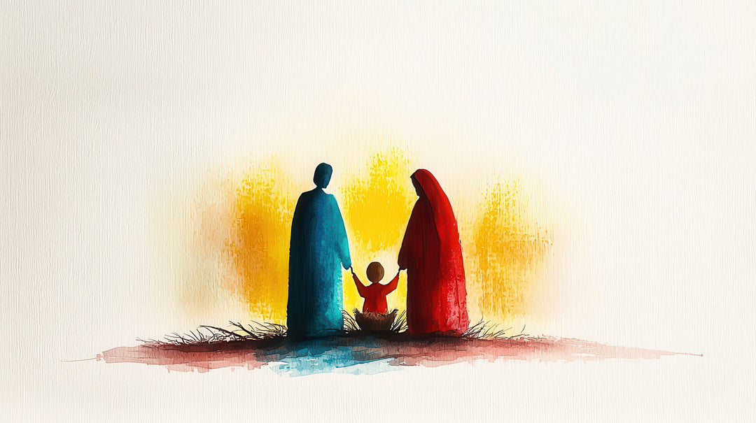 Wadi Home abstract family silhouette wall art, watercolor style, featuring figures in blue and red bathed in a warm glow.