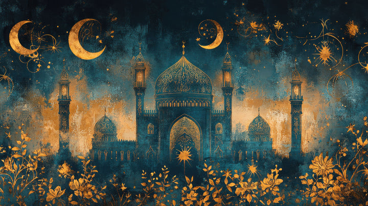 Wadi Home Islamic Mosque Celestial Art with teal and gold crescent moons and floral details.