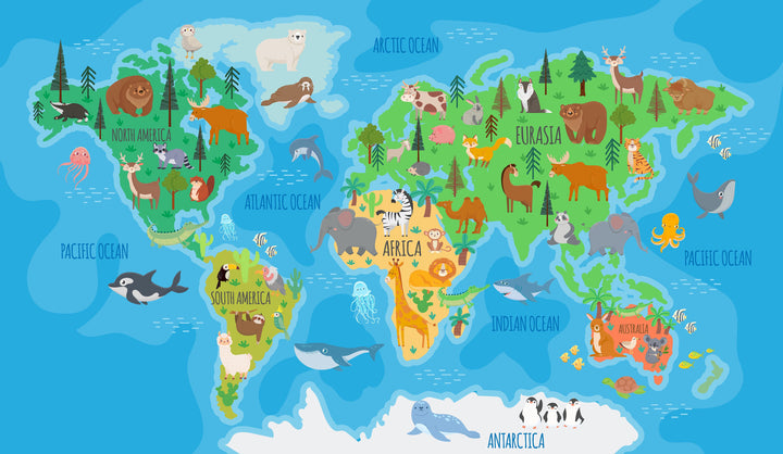 Wadi Home illustrated world map with animals, featuring continents, oceans, and diverse wildlife in vibrant colors. Educational decor for kids.