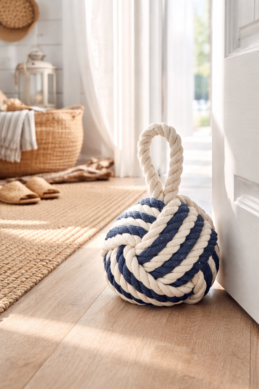 Nautica Knot Door Stopper made of durable cotton rope in navy and natural colors with sailor knot design for coastal home décor and door security.