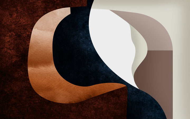 Wadi Home abstract organic shapes wall art in deep blues, browns, and copper tones, adding modern elegance to a living room.