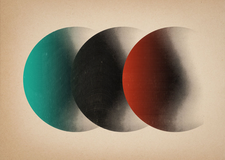 Wadi Home Abstract Circles Wall Art with teal, black, and red overlapping circles, modern design.