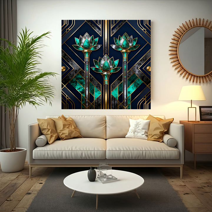 Wadi Home Art Deco Lotus Flower Wall Art with navy, emerald green, and gold accents. Geometric patterns and stylized blooms.