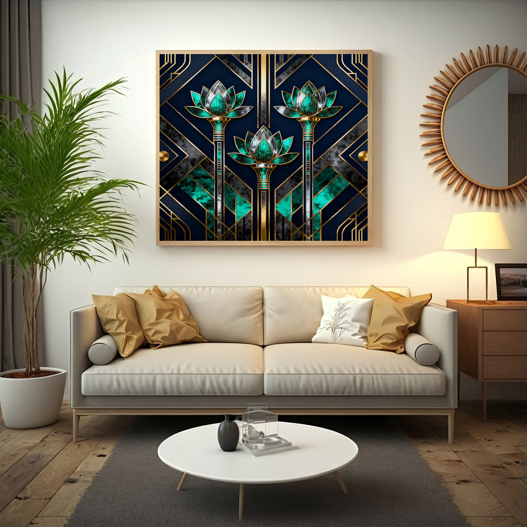 Wadi Home Art Deco lotus flower wall art with navy, emerald green, and gold accents. Geometric patterns and stylized blooms.