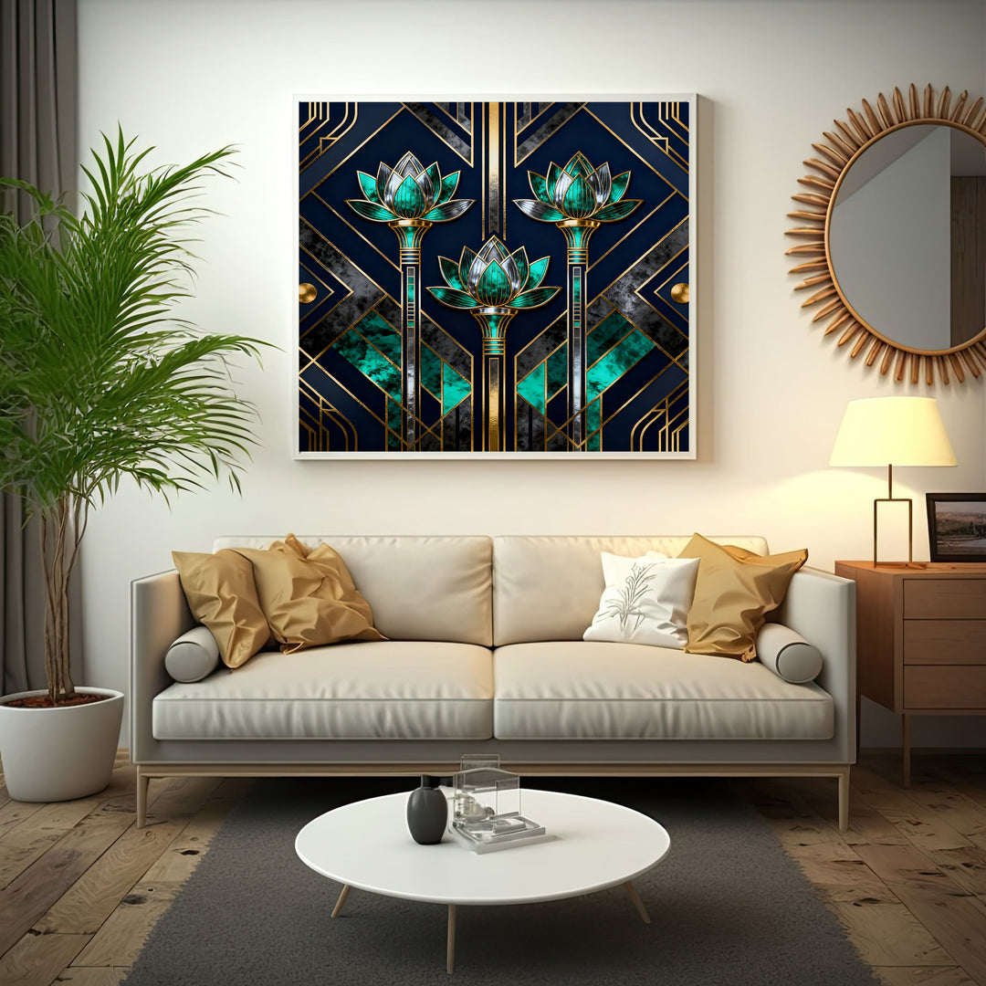 Wadi Home Art Deco Lotus Flower Wall Art with navy, emerald green, and gold accents. Geometric patterns and stylized lotus blooms.