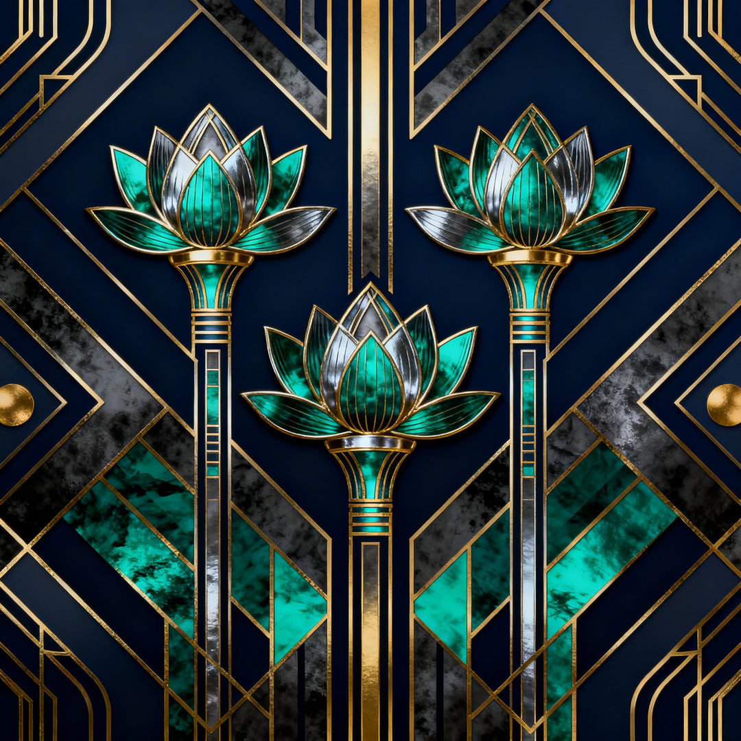 Wadi Home Art Deco Lotus Flower Wall Art with navy, emerald green, and gold accents. Geometric patterns and stylized blooms.