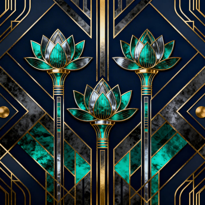 Wadi Home Art Deco Lotus Flower Wall Art with navy, emerald green, and gold accents. Geometric patterns and stylized blooms.