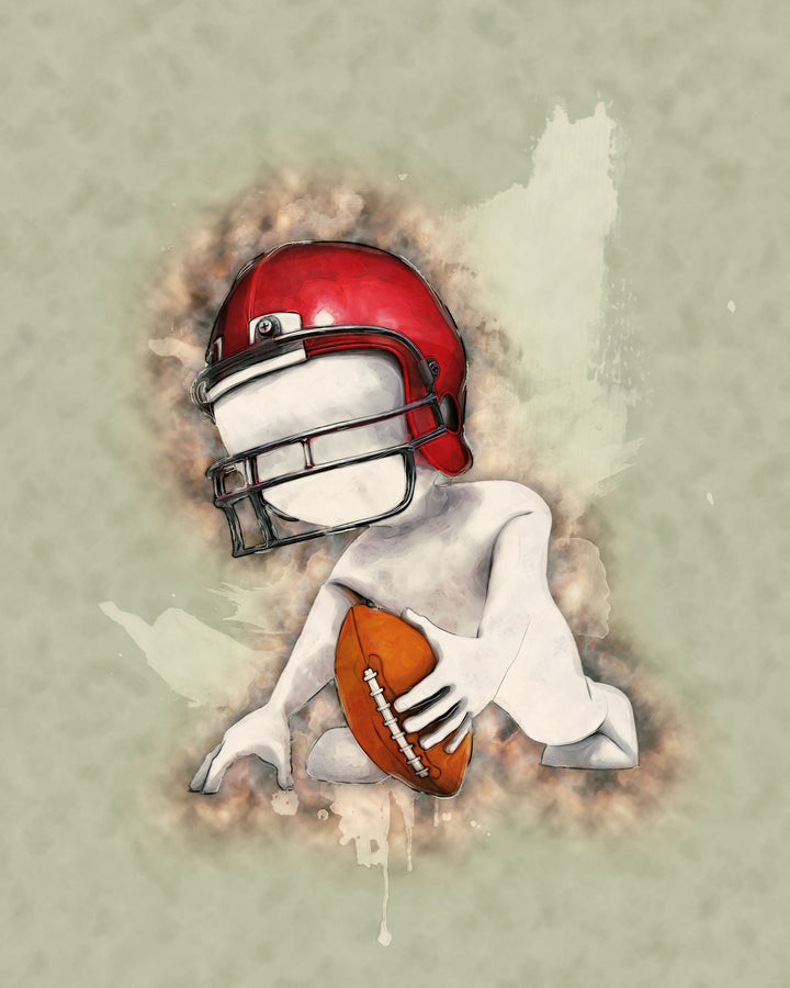 Wadi Home artwork of a football player in a red helmet holding a ball, rendered in an artistic, abstract style.