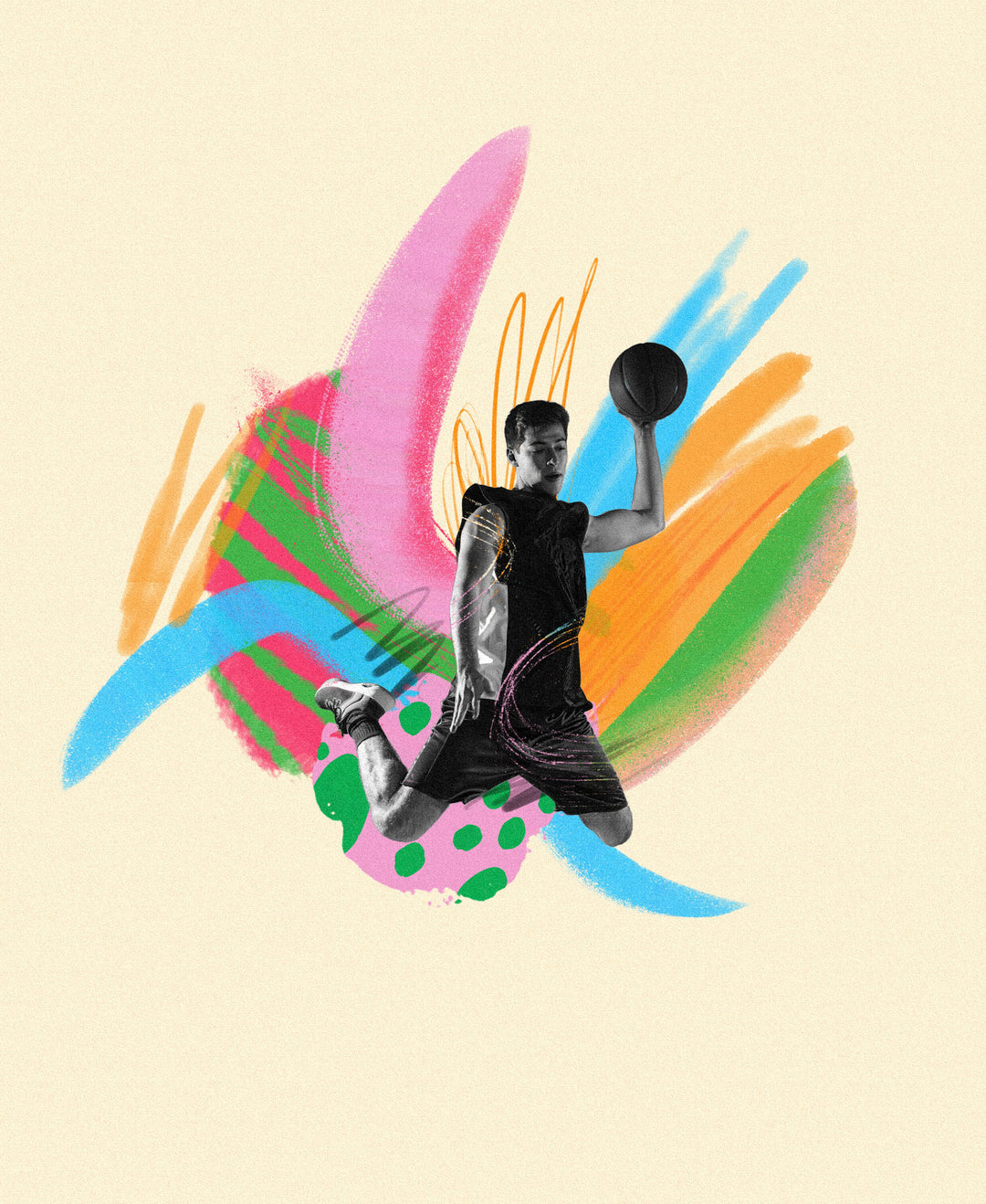 Wadi Home dynamic basketball player artwork with vibrant abstract brushstrokes in pink, blue, green, and orange.