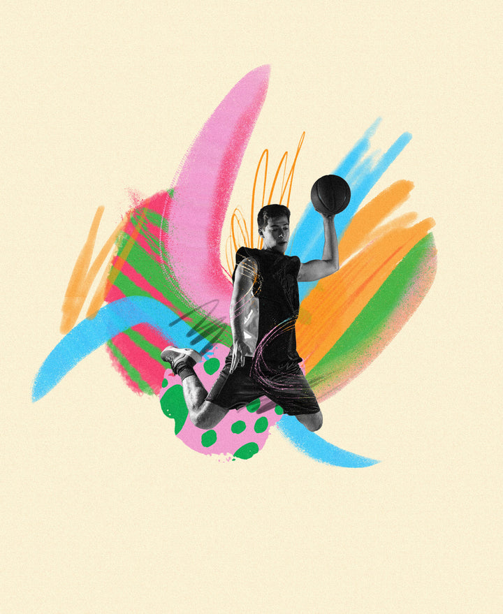 Wadi Home dynamic basketball player artwork with vibrant abstract brushstrokes in pink, blue, green, and orange.