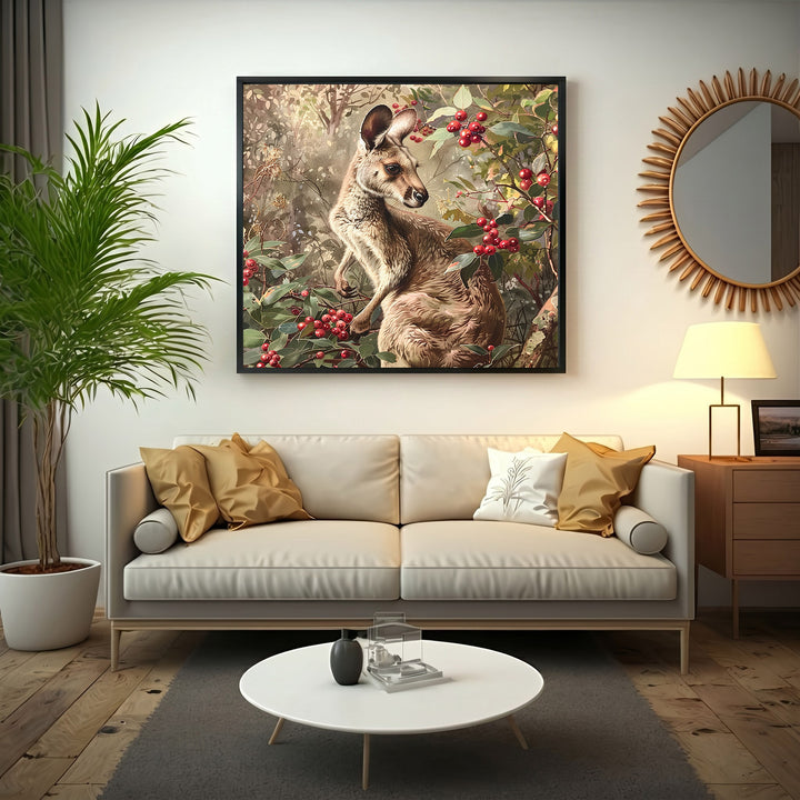 Wadi Home framed wall art of a kangaroo in a forest with red berries. Realistic wildlife painting.