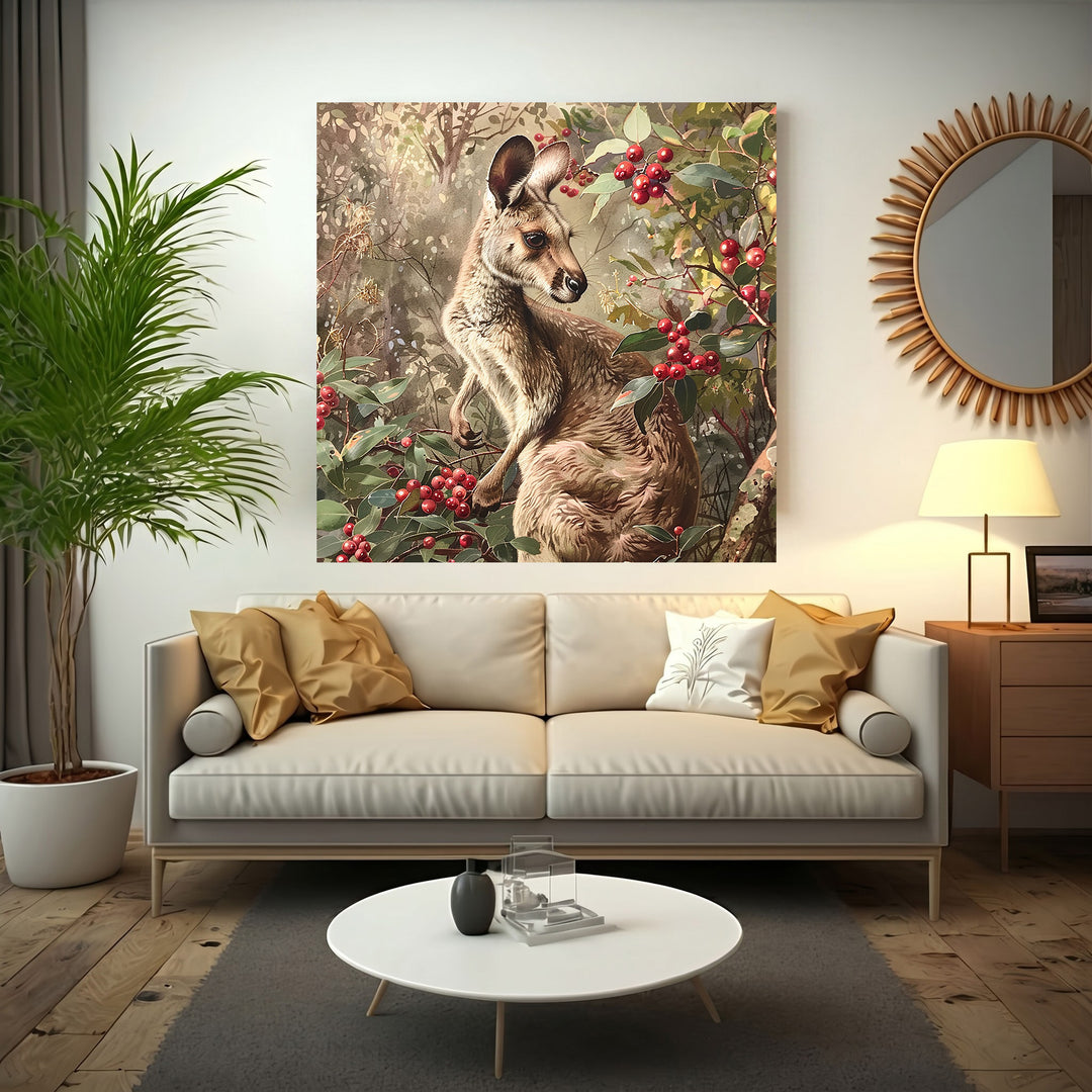 Wadi Home wall art featuring a kangaroo in a forest setting with lush greenery and red berries, warm natural tones.