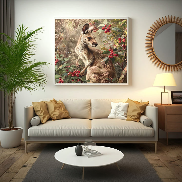 Wadi Home framed wall art of a kangaroo amongst red berries and green foliage, evoking Australian nature.