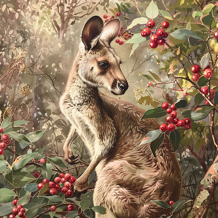 Wadi Home wall art featuring a kangaroo in a forest setting with lush greenery and red berries, warm natural tones.