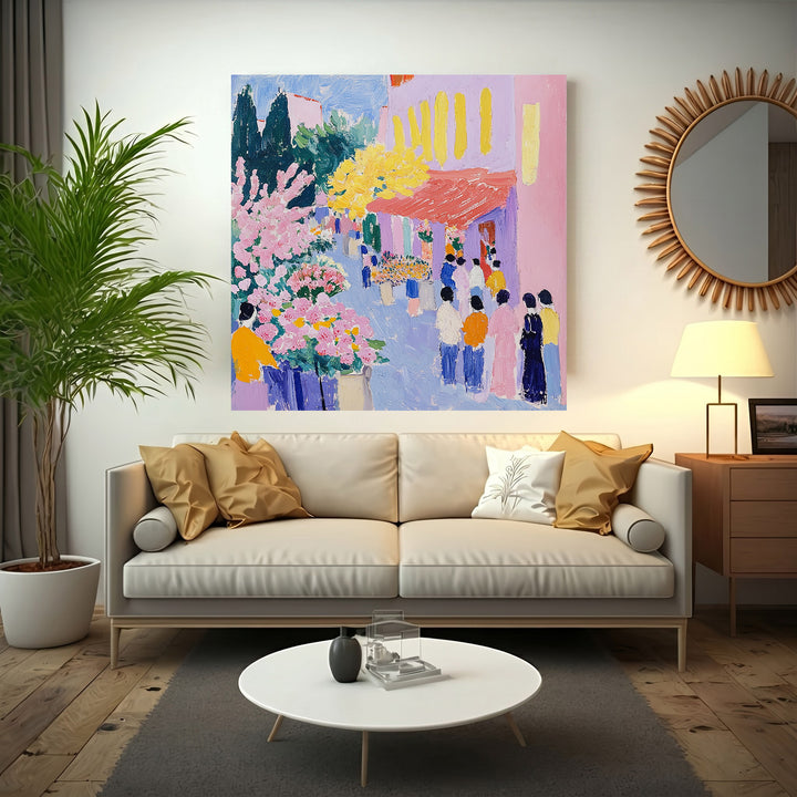 Wadi Home vibrant street scene painting with pink flowers, yellow trees, and people. Expressive style, bold colors.