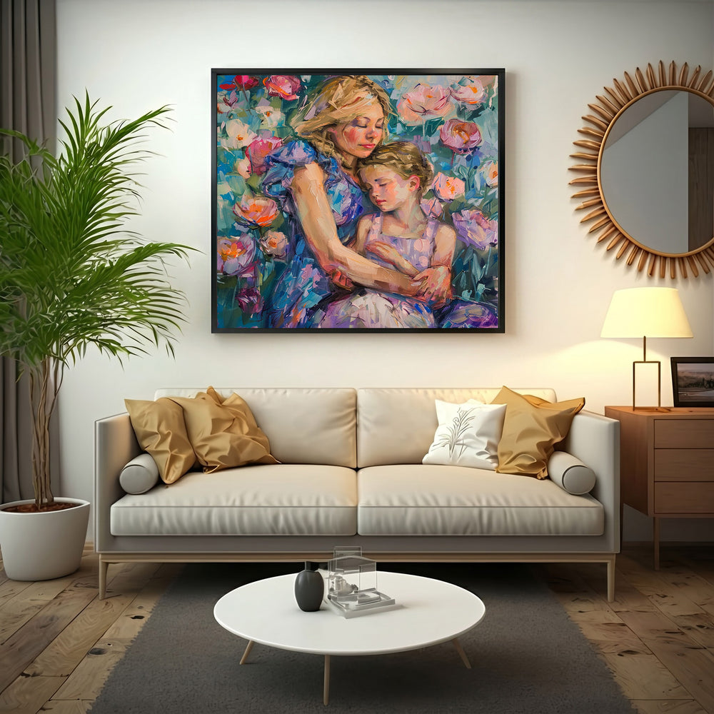 Wadi Home mother and child embrace floral artwork painting with pink, purple, and blue flowers. Impressionistic style.