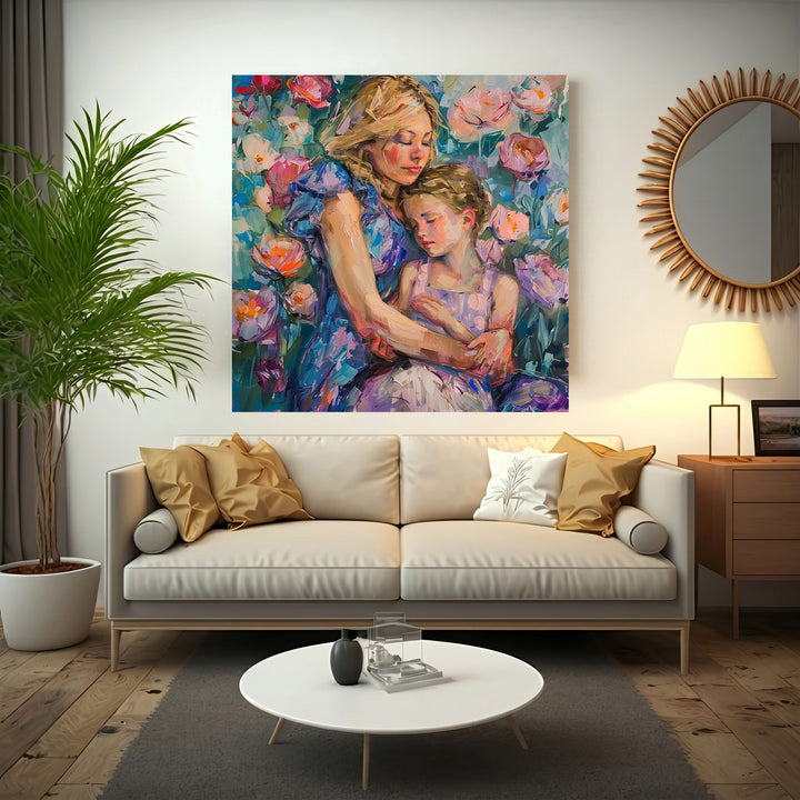 Wadi Home mother and child embrace floral artwork painting with pink, purple, and blue flowers. Impressionistic style.