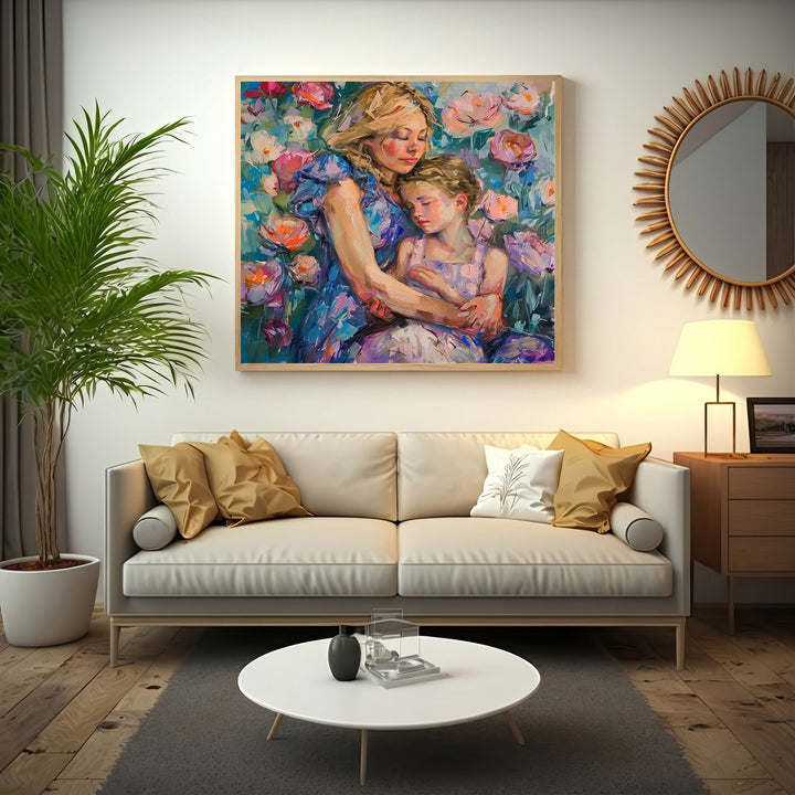 Wadi Home impressionistic floral artwork of a mother embracing her child, surrounded by pink, purple, and blue flowers.