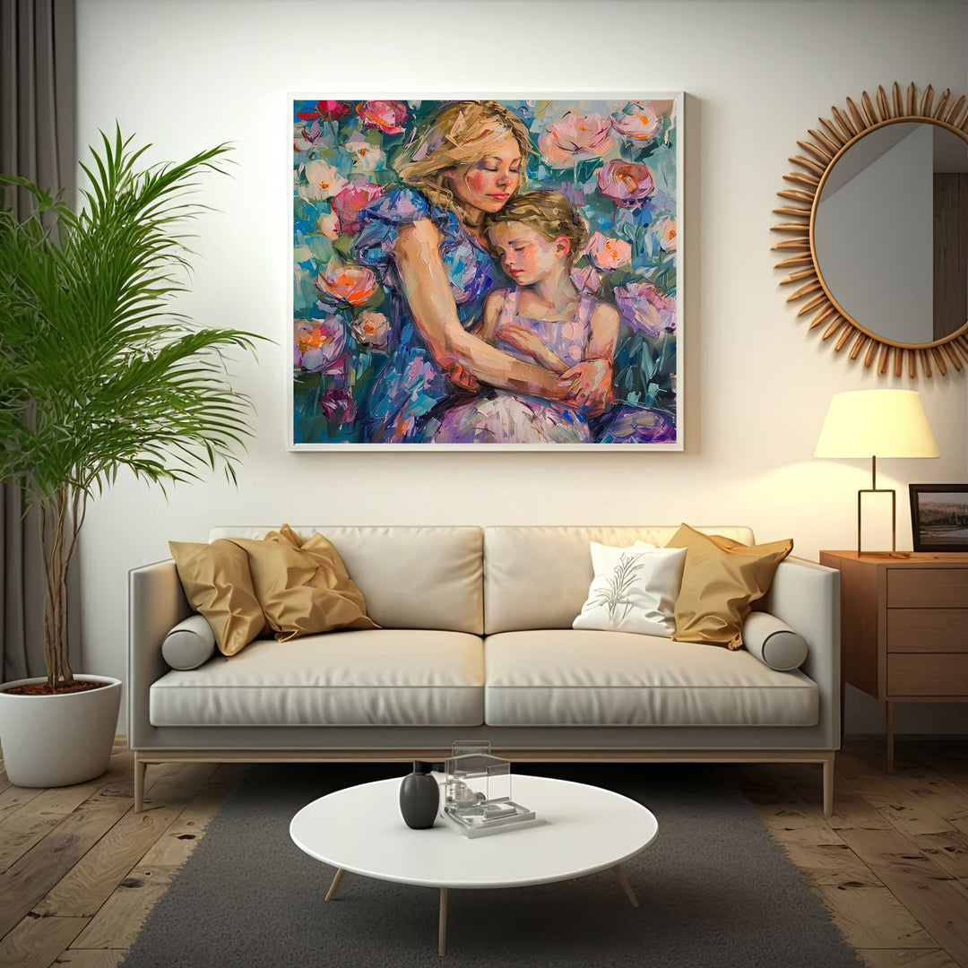 Wadi Home mother and child embrace floral artwork painting with pink, purple, and blue flowers. Impressionistic style.