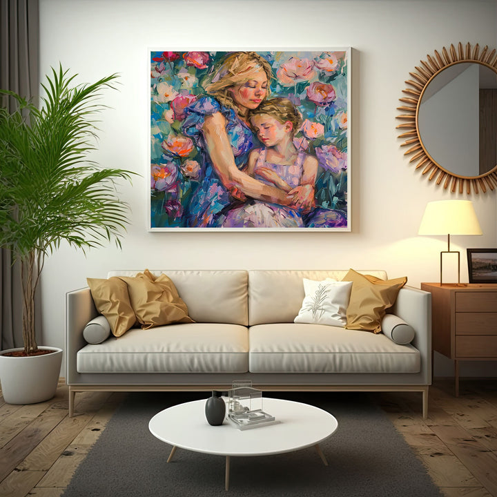 Wadi Home mother and child embrace floral artwork painting with pink, purple, and blue flowers. Impressionistic style.