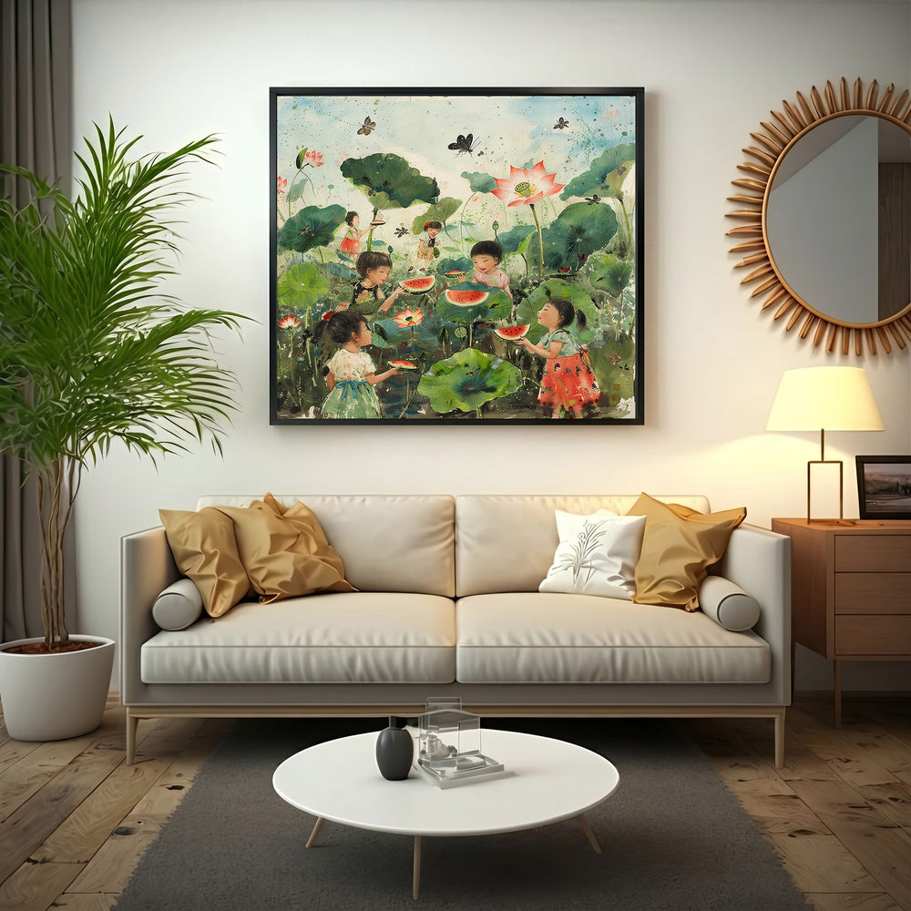 Wadi Home artwork: Children eating watermelon among lotus flowers and butterflies. Vibrant green leaves and pink lotus blooms.