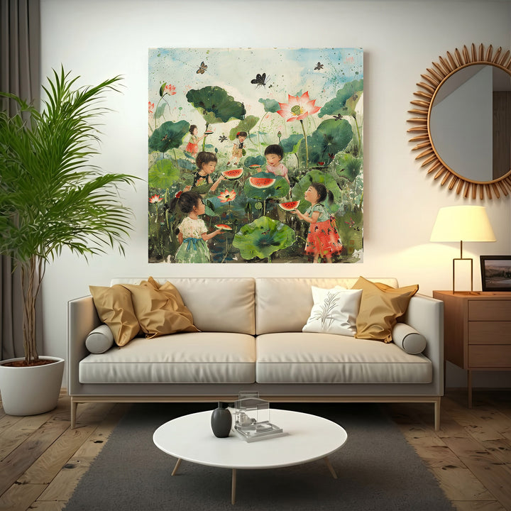 Wadi Home artwork of children eating watermelon in a lotus pond with butterflies and lush greenery.