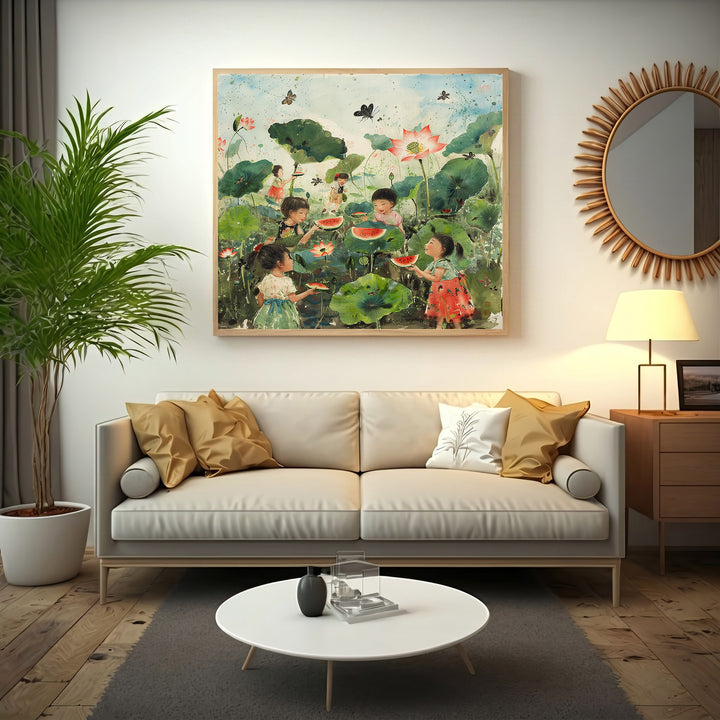 Wadi Home artwork: Children eating watermelon slices amidst lotus flowers and butterflies. Vibrant green leaves and pink lotus blooms.