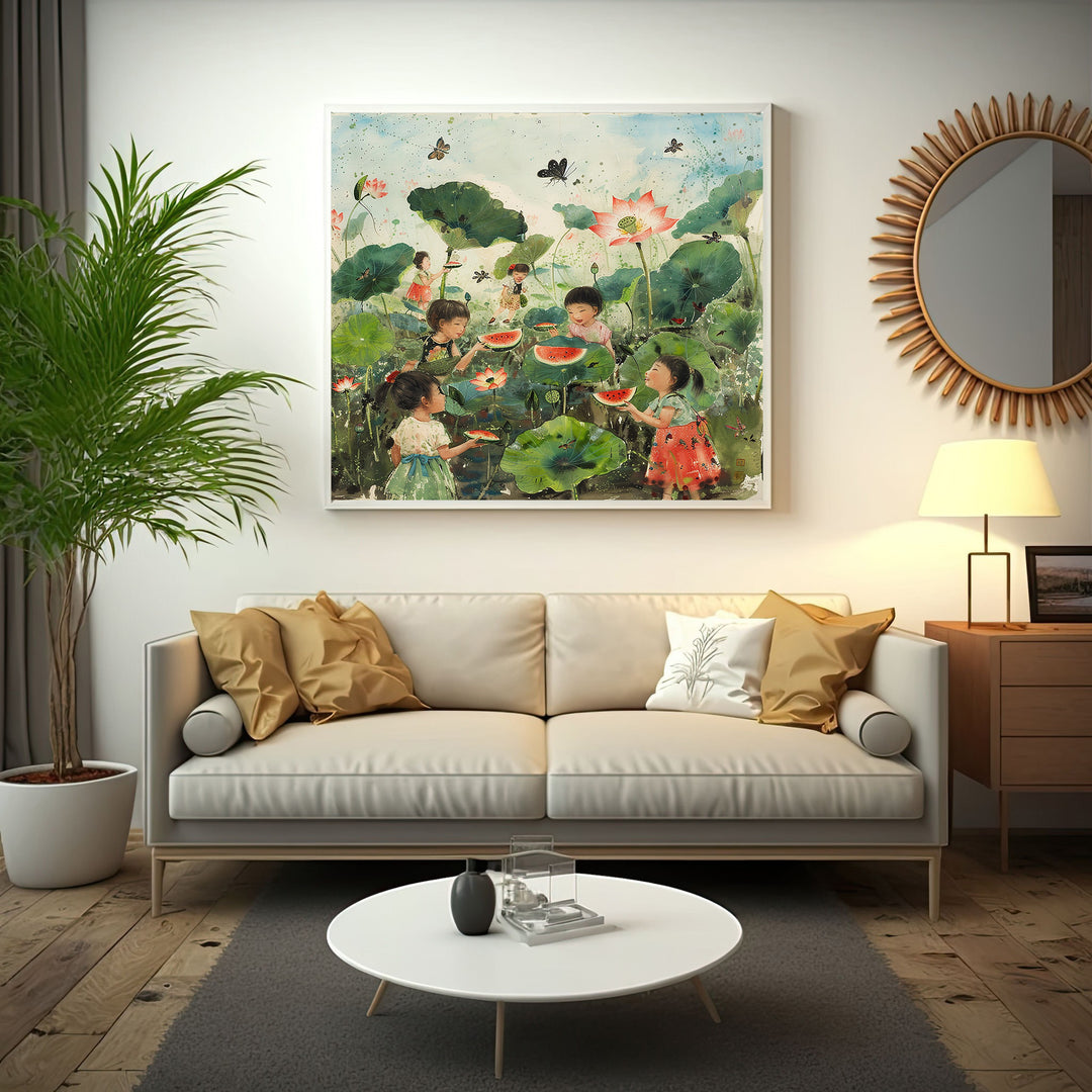 Wadi Home artwork: Children eating watermelon in a lotus pond with butterflies and lush greenery.