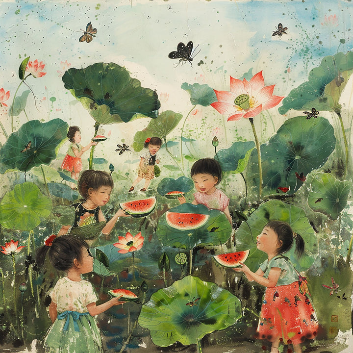 Wadi Home artwork of children eating watermelon in a lotus pond with butterflies and lush greenery.