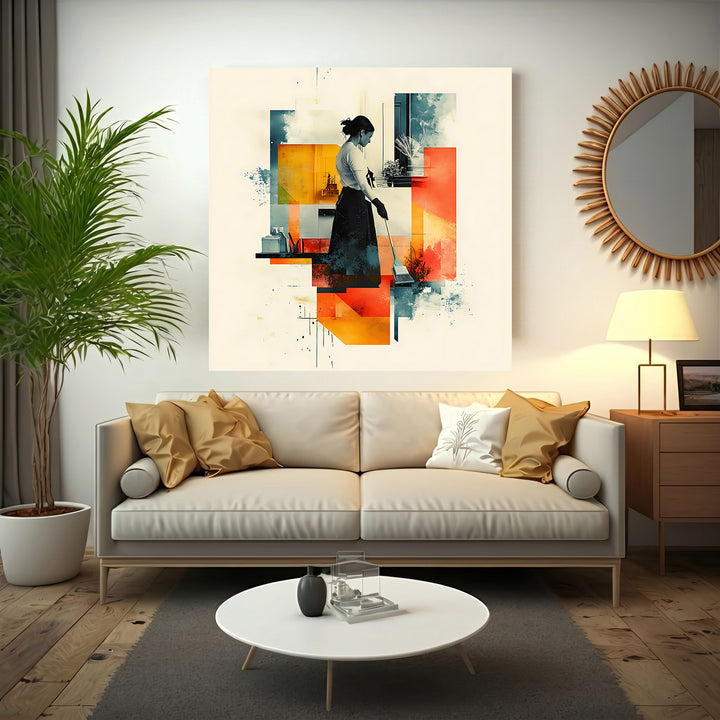 Wadi Home abstract geometric wall art depicting a woman sweeping in warm oranges, yellows, and cool blues.