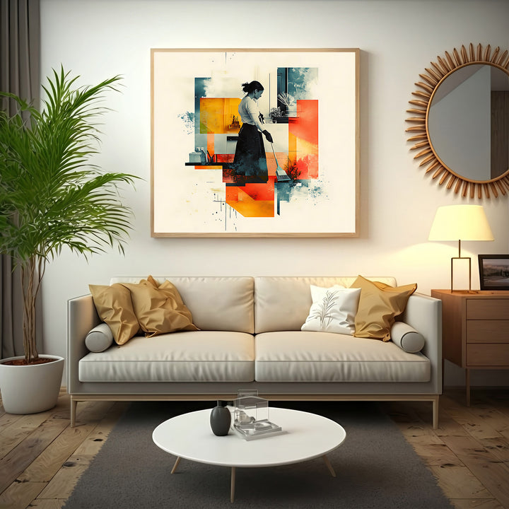 Wadi Home abstract geometric wall art of a woman sweeping, featuring warm oranges, yellows, and cool blues.