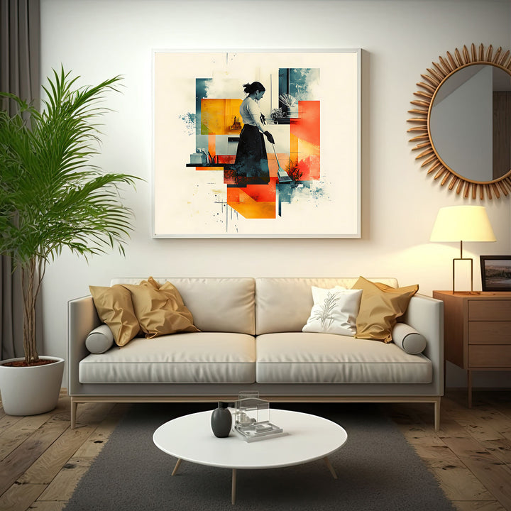 Wadi Home abstract geometric wall art of a woman sweeping, featuring warm oranges, yellows, and cool blues.