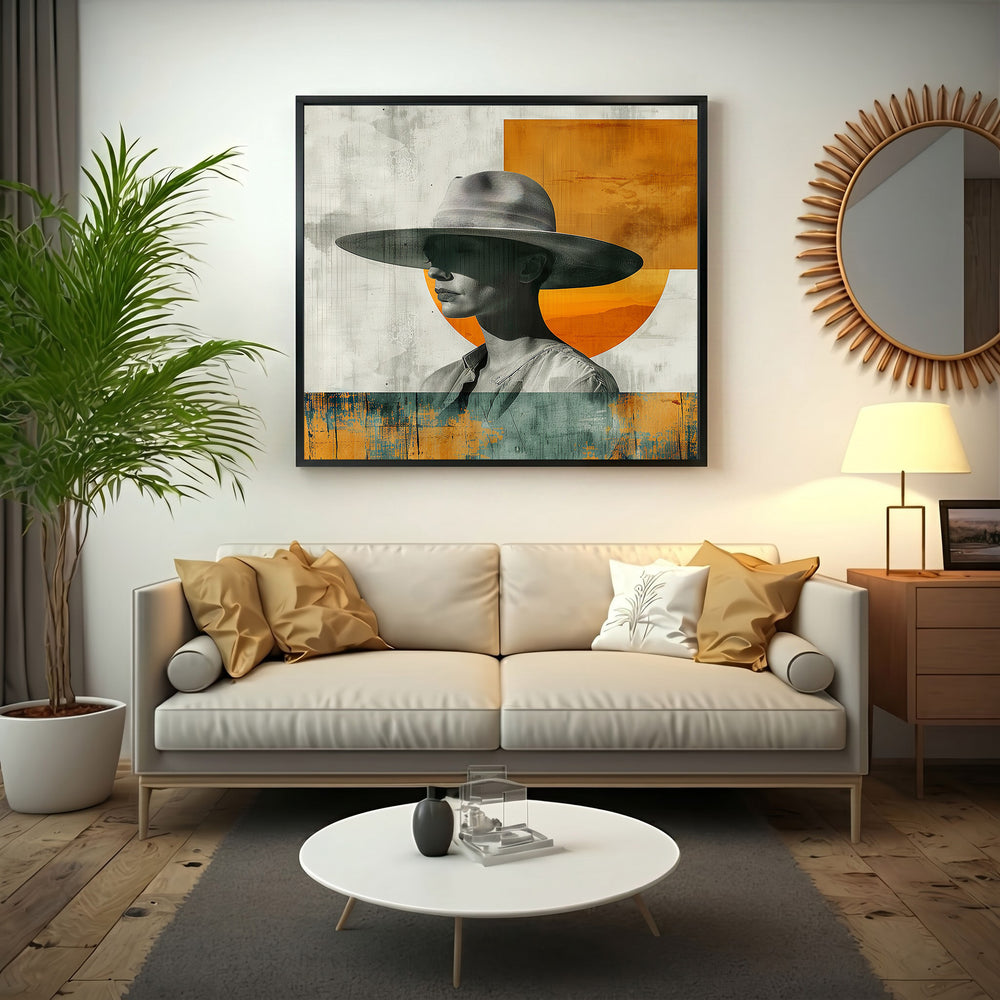 Wadi Home abstract portrait art with a figure wearing a wide-brimmed hat, featuring muted tones and orange accents.