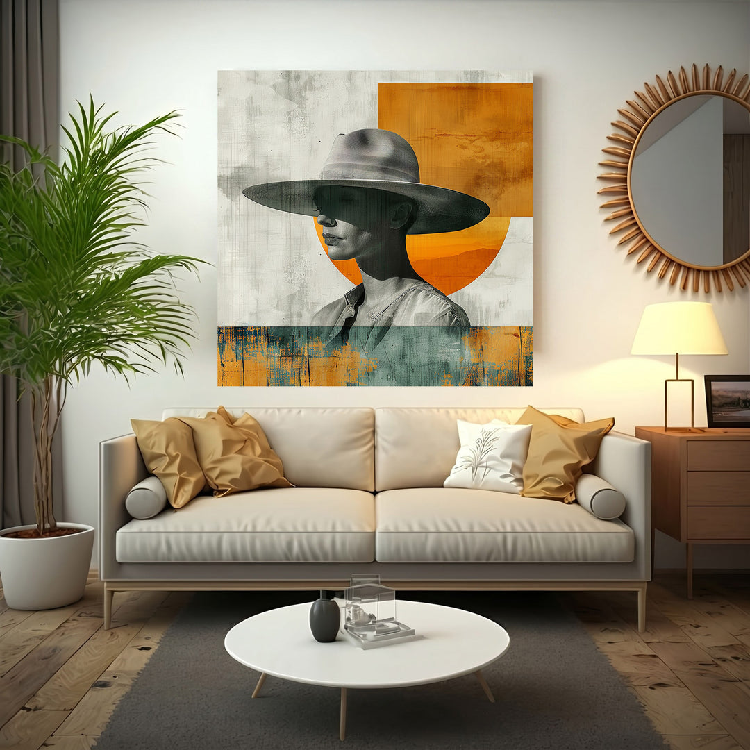 Wadi Home abstract portrait art with a figure wearing a wide-brimmed hat, featuring muted tones with orange and teal accents.